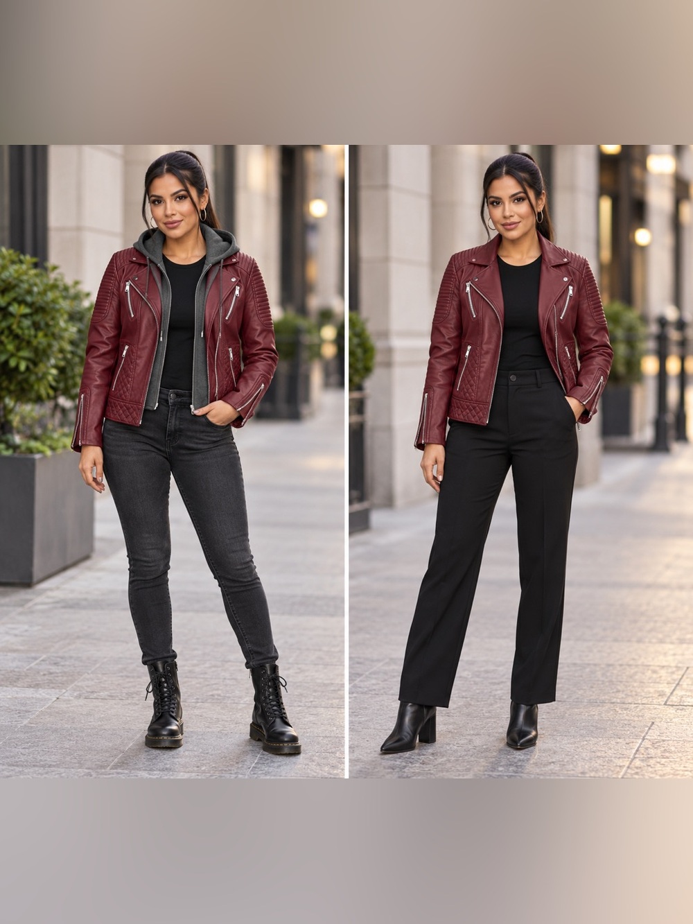 YMI Women's Burgundy Faux Leather Moto Jacket